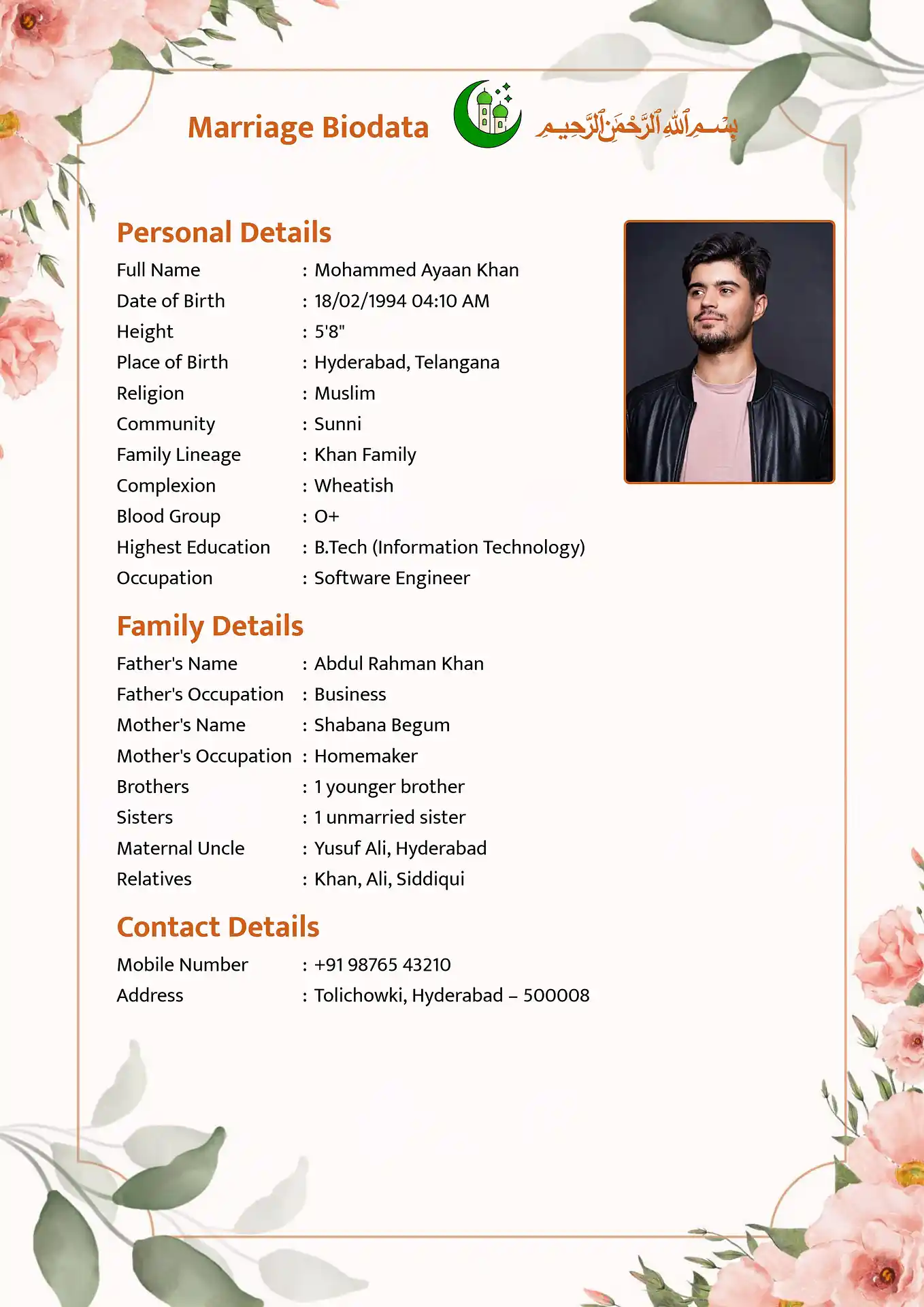 Islamic biodata template sample with sect and biradari fields