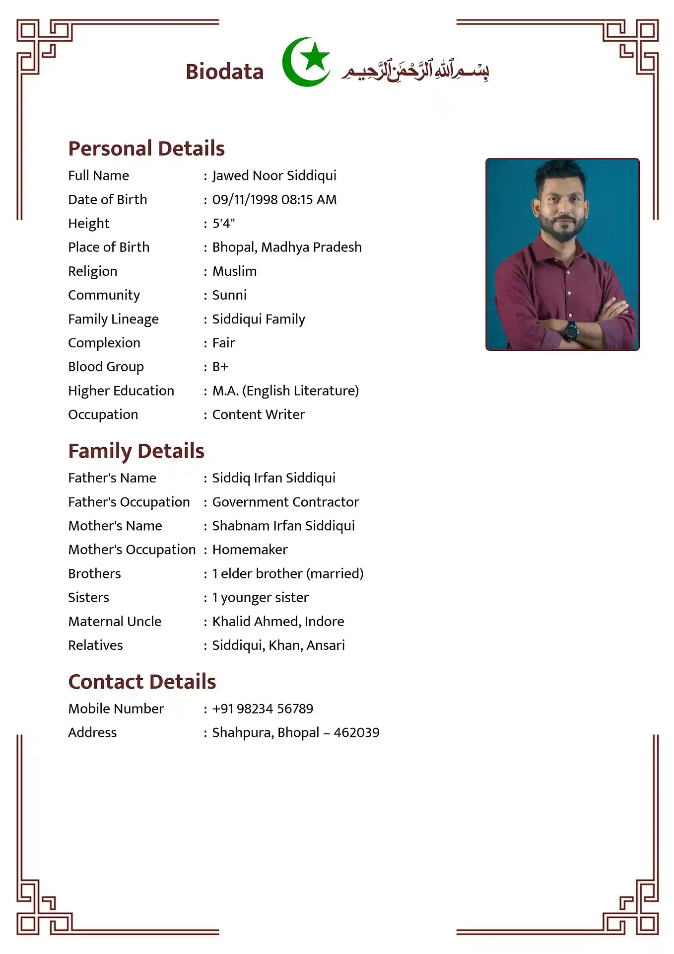 Muslim marriage biodata template sample
