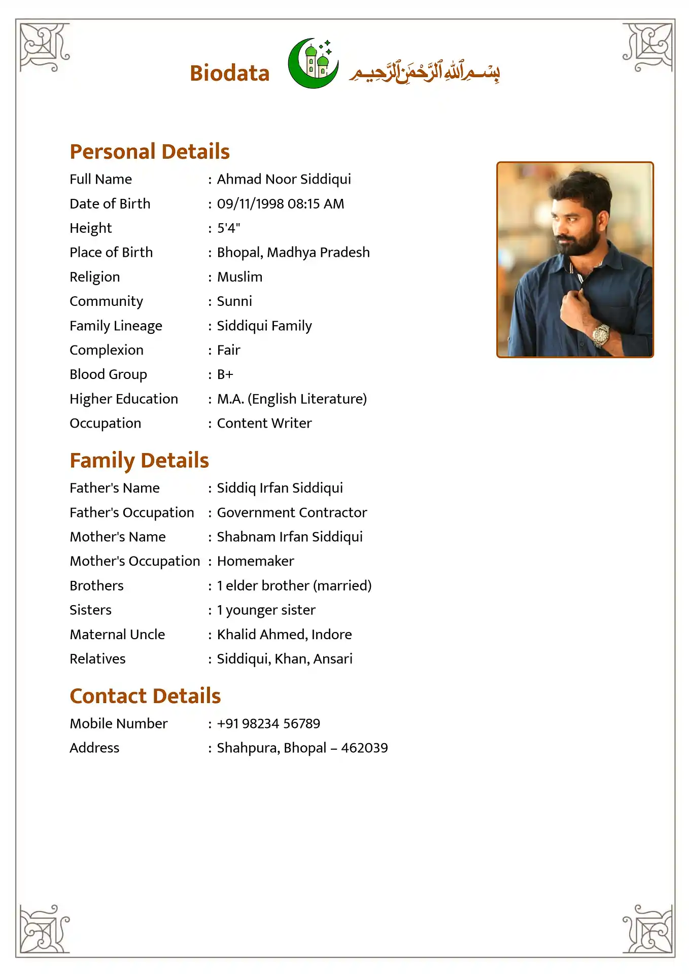 Classic 3 Nikah biodata template
