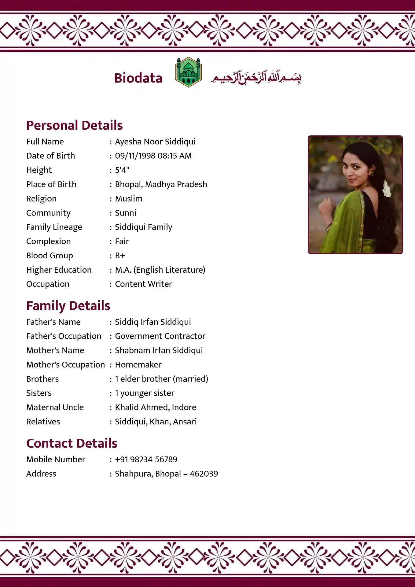 Muslim marriage biodata template